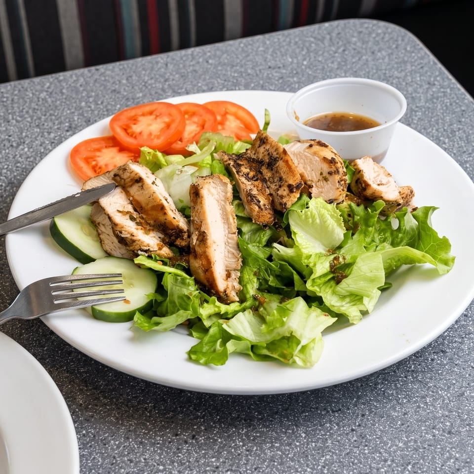 Grilled chicken salad with lettuce, tomatoes, cucumbers, and dressing on a white plate.